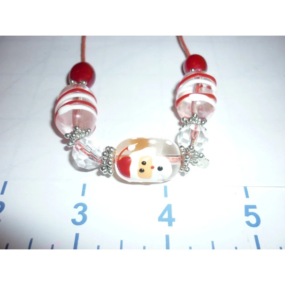 Vintage Christmas Santa Claus Lampwork Glass Bead Necklace Red White Peppermint